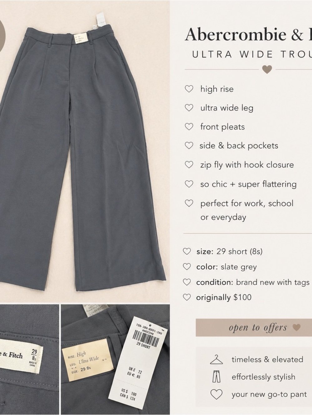 Abercrombie & Fitch  Slate Grey Ultra Wide Trousers